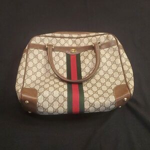 Vintage Gucci Beige and Brown Bag with Red and Green Stripe